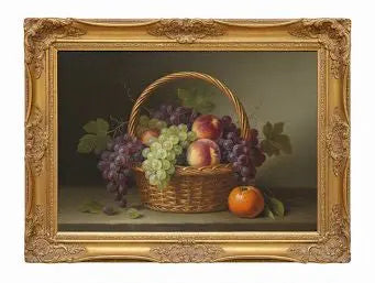 Still Life of Fruit Basket, This is a still life painting feauring with like with and-fashioned and design samred. The is set in set copired leige shade. Approx. 24" x 38" ABC Rugs Kilims